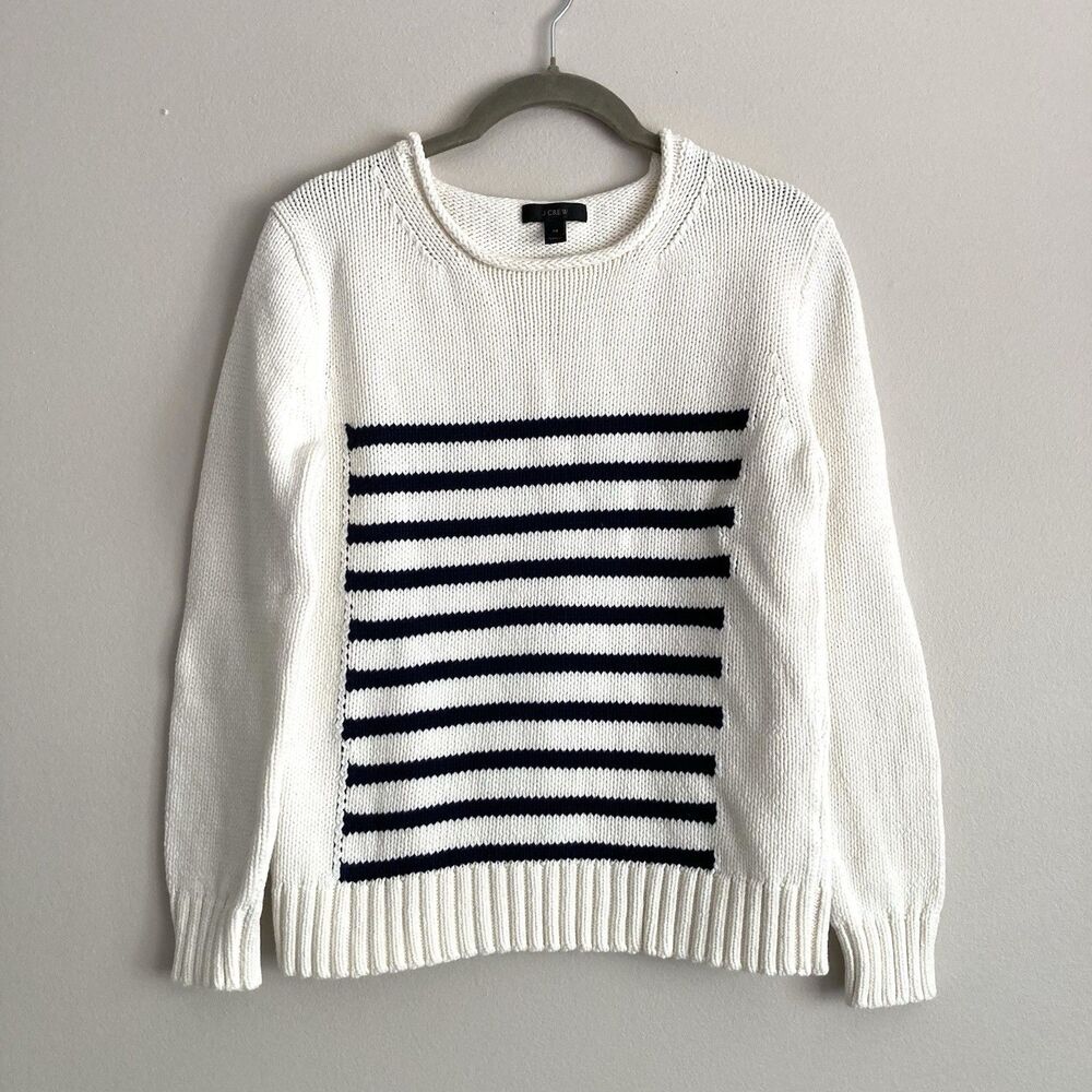 J. Crew Ivory Navy Blue Striped Rollneck Sweater XS Preppy Nautical New England